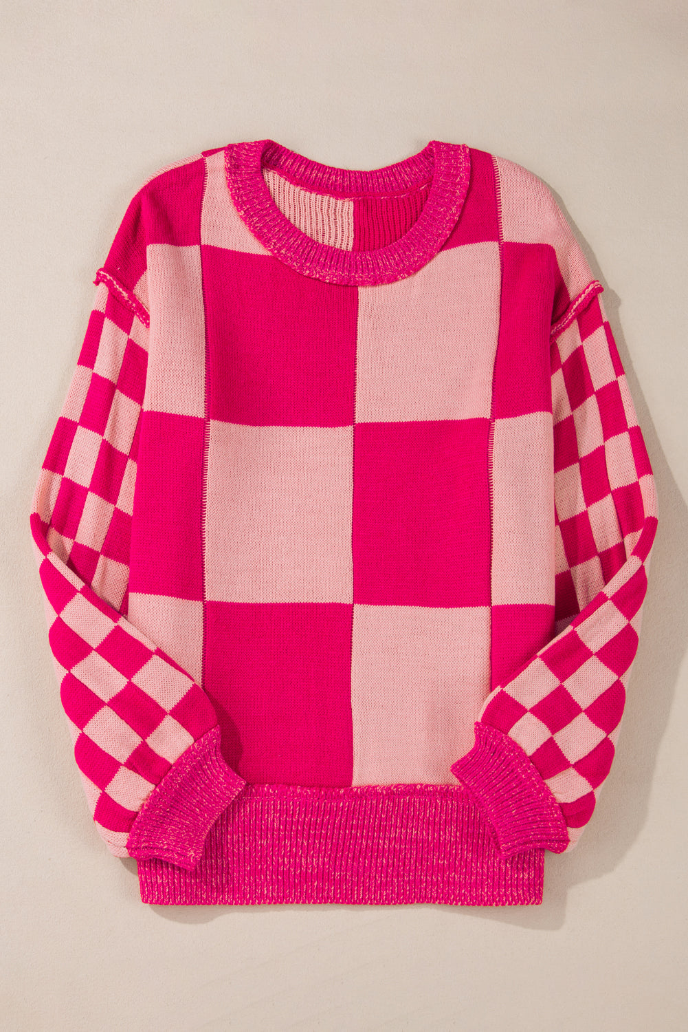 Rose Red Mixed Checkered Pattern Drop Shoulder Loose Sweater Sweaters JT's Designer Fashion