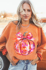 Orange Bow Pumpkin Graphic Crewneck Corded Thanksgiving Sweatshirt Graphic Sweatshirts JT's Designer Fashion