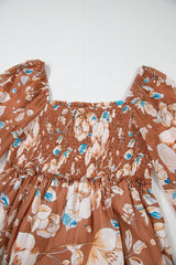 Brown Floral Print Shirred Square Neck High Waist Long Dress Maxi Dresses JT's Designer Fashion