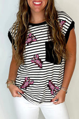 Black Stripe Sequined Lobster Patched Pocket Casual Tank Top Graphic Tees JT's Designer Fashion