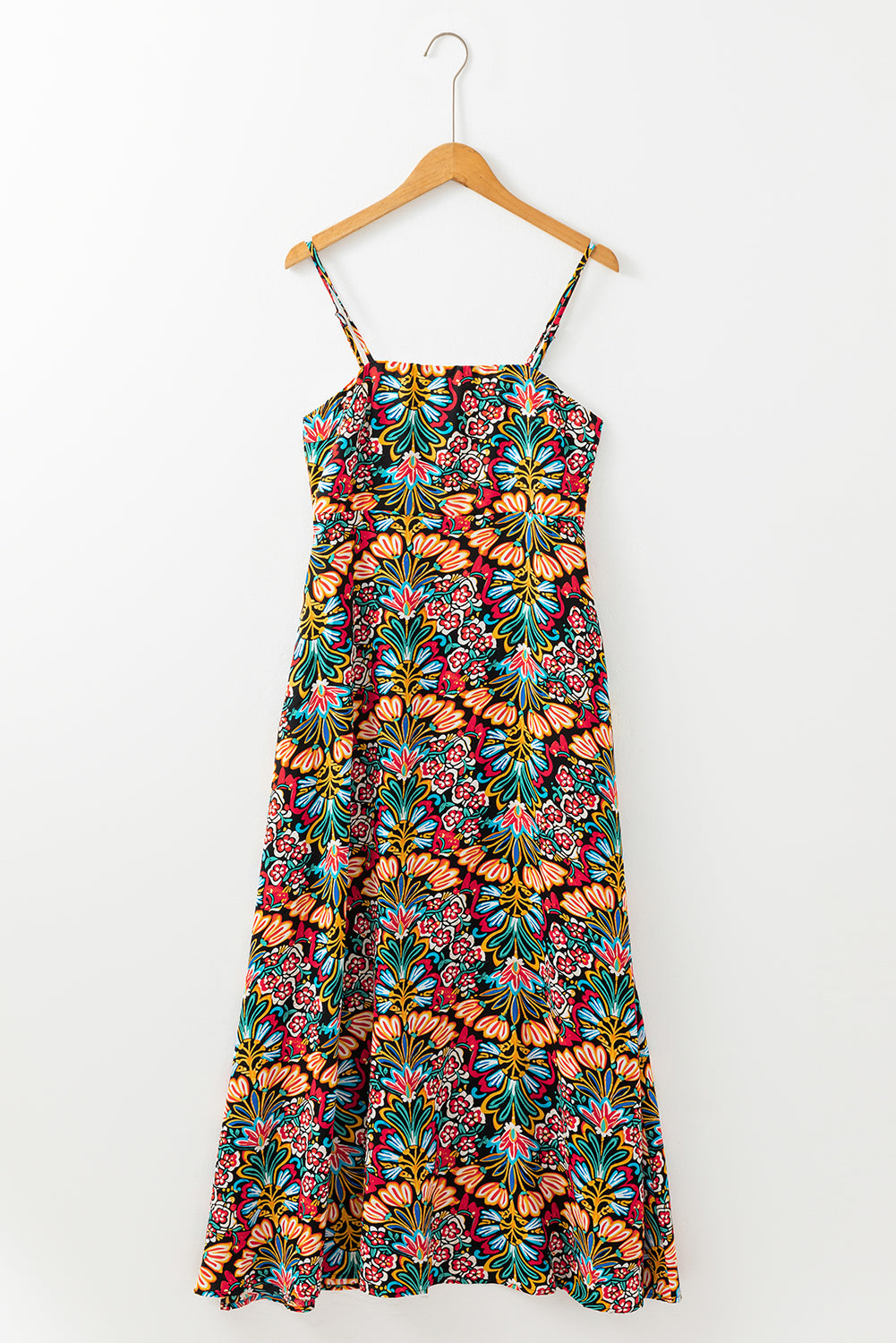 Black Boho Floral Print Thin Straps Sleeveless High Waist Maxi Dress Floral Dresses JT's Designer Fashion