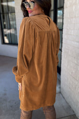 Desert Gold Corduroy Pleated Puff Sleeve Shift Short Dress Mini Dresses JT's Designer Fashion
