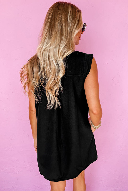 Black Solid Color Collared Slit Neck Sleeveless Mini Dress Mini Dresses JT's Designer Fashion