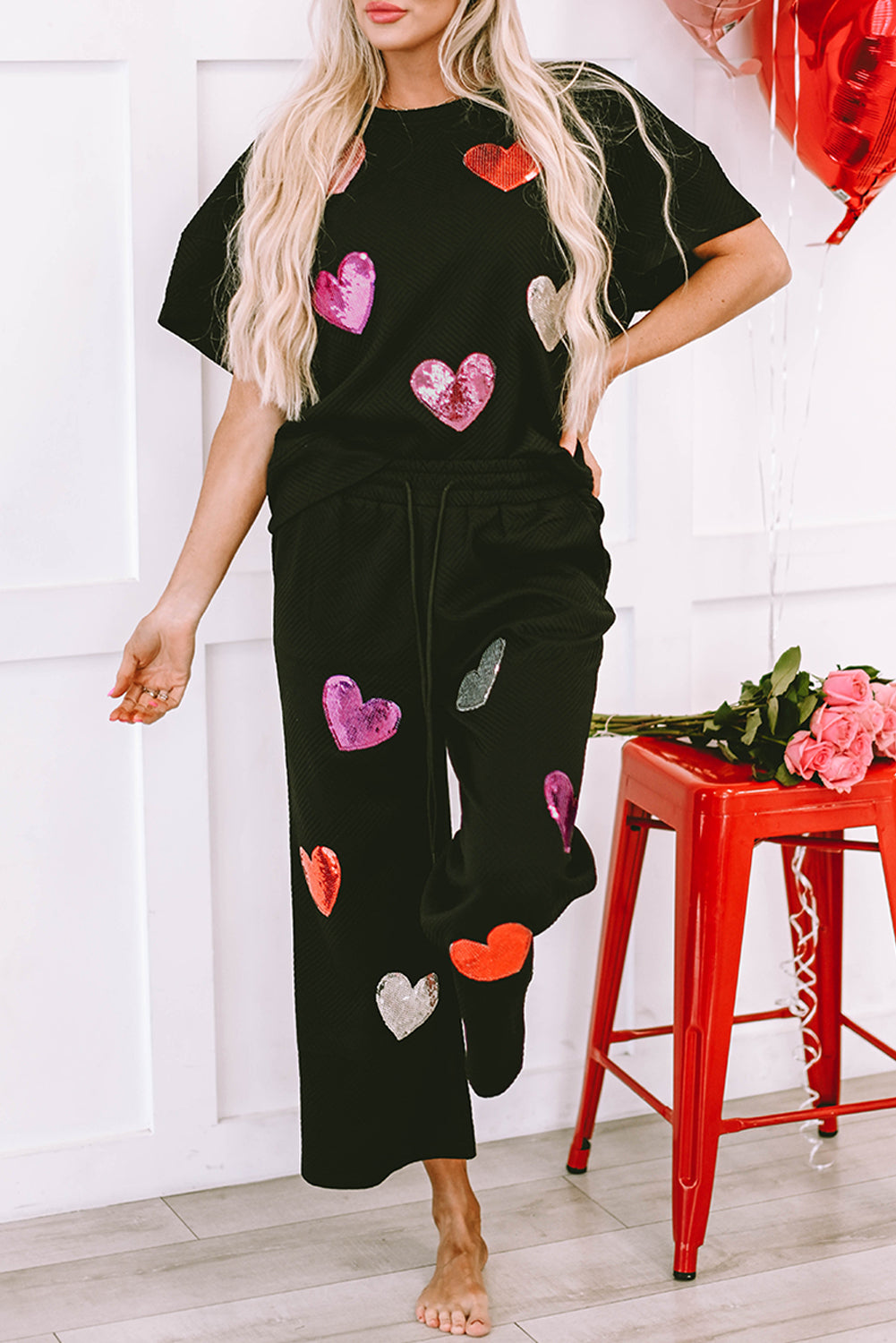 Black Sequin Heart Popping Graphic Textured 2pcs Outfit Graphic Sets JT's Designer Fashion