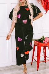 Black Sequin Heart Popping Graphic Textured 2pcs Outfit Graphic Sets JT's Designer Fashion