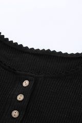 Black Crochet Lace Hem Sleeve Button Top Long Sleeve Tops JT's Designer Fashion