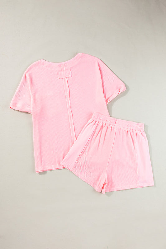 Light Pink Waffle Knit Oversize Tee and Shorts Set Short Sets JT's Designer Fashion