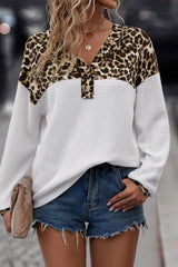 White Leopard Waffle Knit Patchwork Button V Neck Top Long Sleeve Tops JT's Designer Fashion