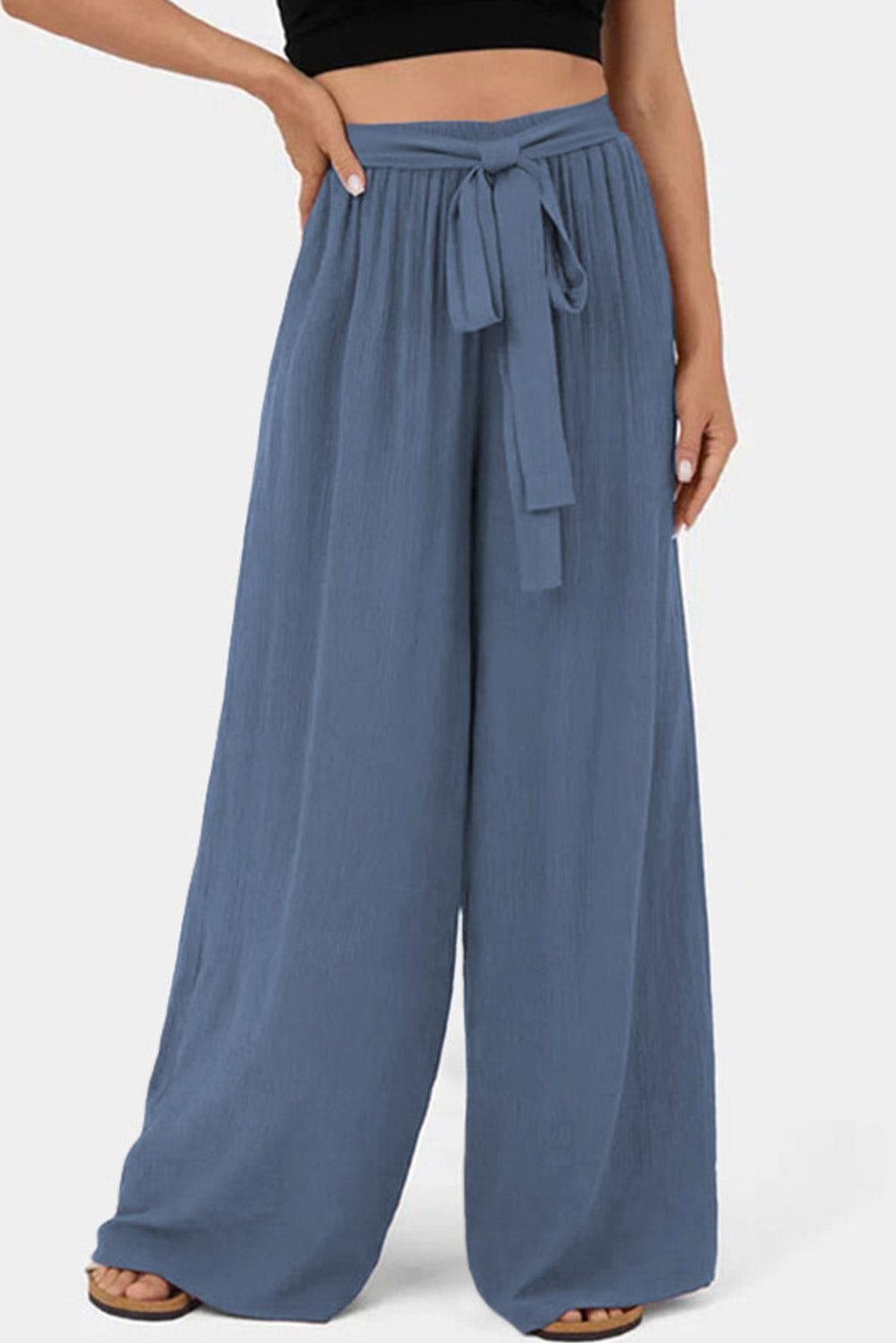 Sail Blue High Waisted Tie Front Side Pocket Wide Leg Flowy Casual Pants Pants & Culotte JT's Designer Fashion