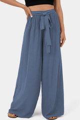 Sail Blue High Waisted Tie Front Side Pocket Wide Leg Flowy Casual Pants Pants & Culotte JT's Designer Fashion