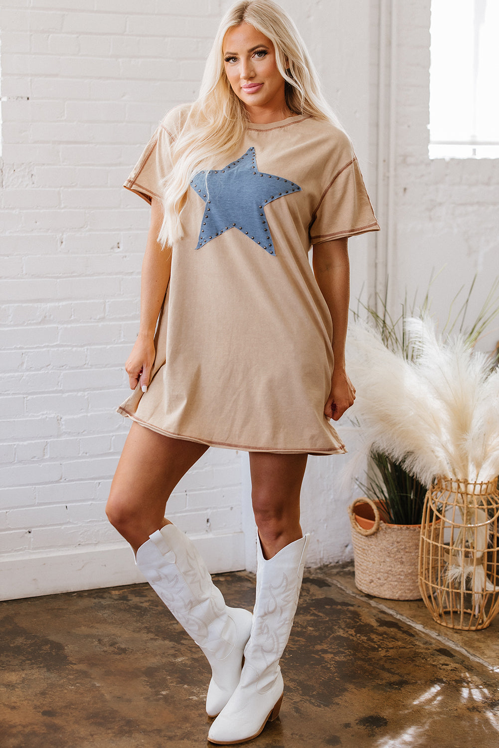 Pale Khaki Mineral Wash Stud Beaded Star Graphic Pocketed T Shirt Dress T Shirt Dresses JT's Designer Fashion