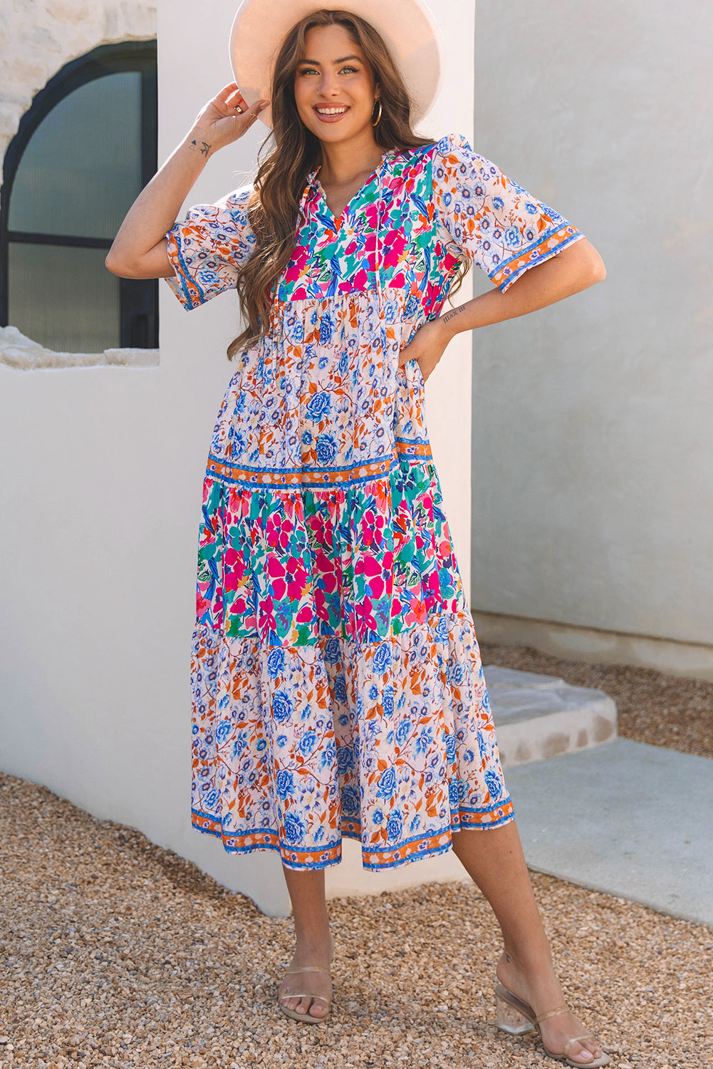 Sky Blue Mixed Floral Print Tie Split Neck Short Sleeve Dress Sky Blue 100%Polyester Floral Dresses JT's Designer Fashion