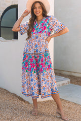 Sky Blue Mixed Floral Print Tie Split Neck Short Sleeve Dress Sky Blue 100%Polyester Floral Dresses JT's Designer Fashion