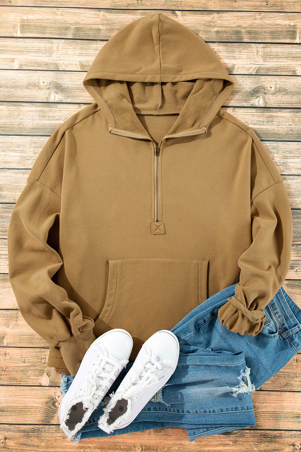 Brown Fleece Lined Half Zipper Kangaroo Pockets Loose Hoodie Sweatshirts & Hoodies JT's Designer Fashion