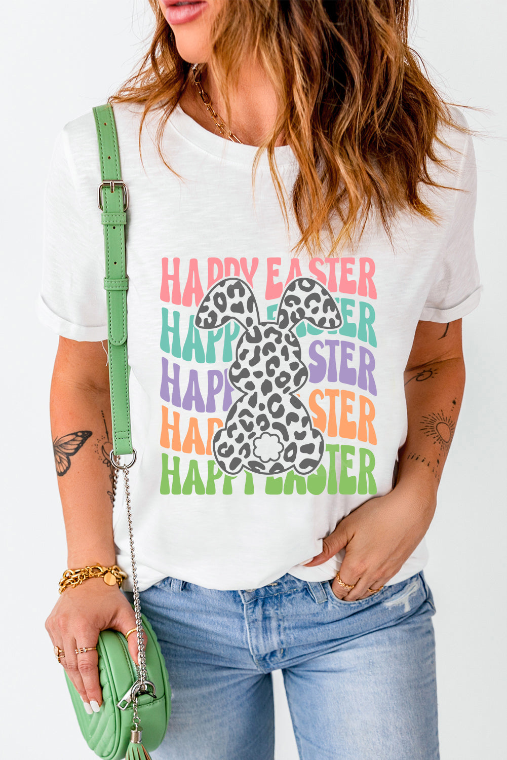 White Happy Easter Rabbit Print Crew Neck T Shirt Graphic Tees JT's Designer Fashion