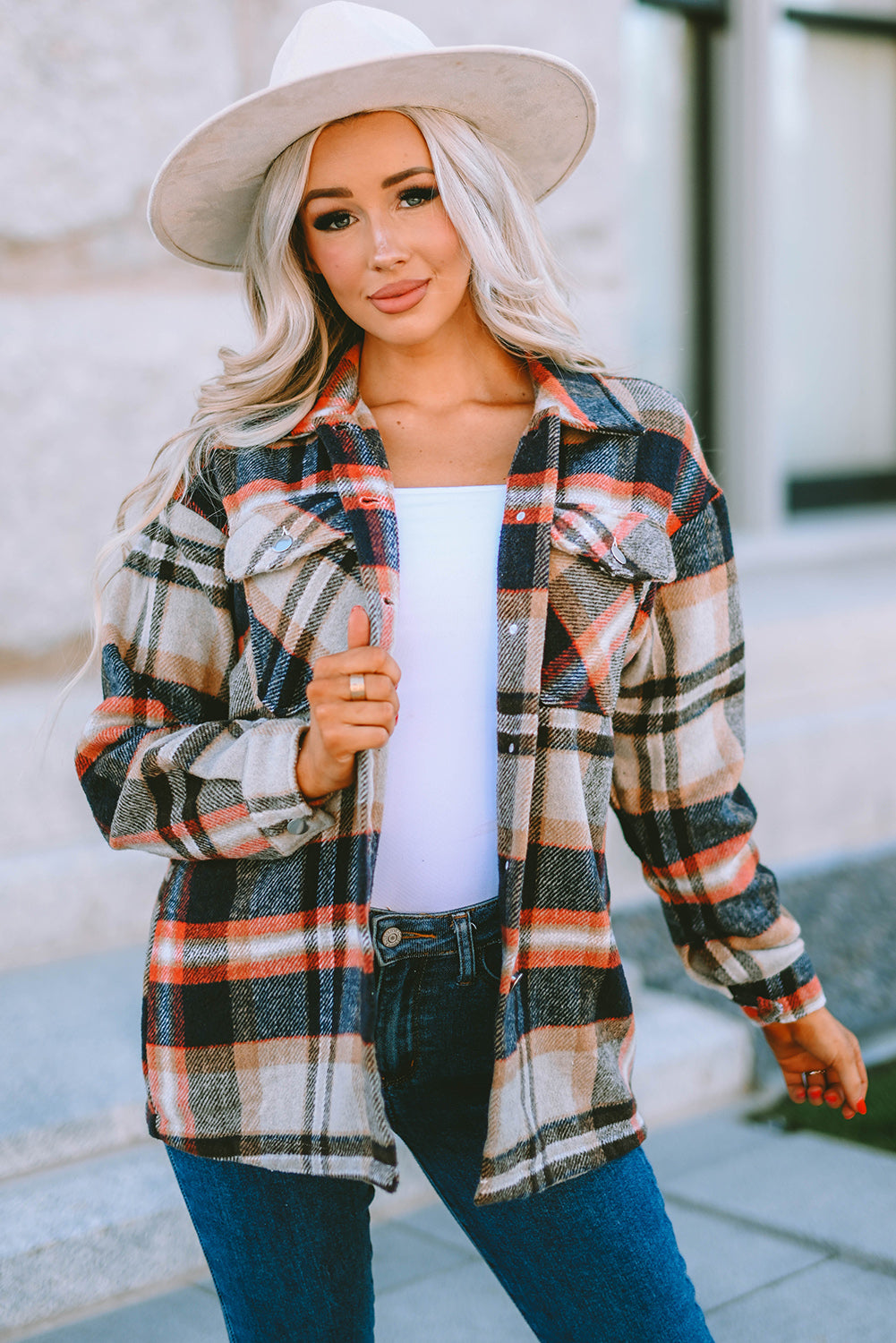 Khaki Geometric Plaid Print Pocketed Shacket Plaid Shackets JT's Designer Fashion