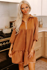 Desert Gold Quarter Zip Collar Bracelet Sleeve Textured Mini Dress Mini Dresses JT's Designer Fashion
