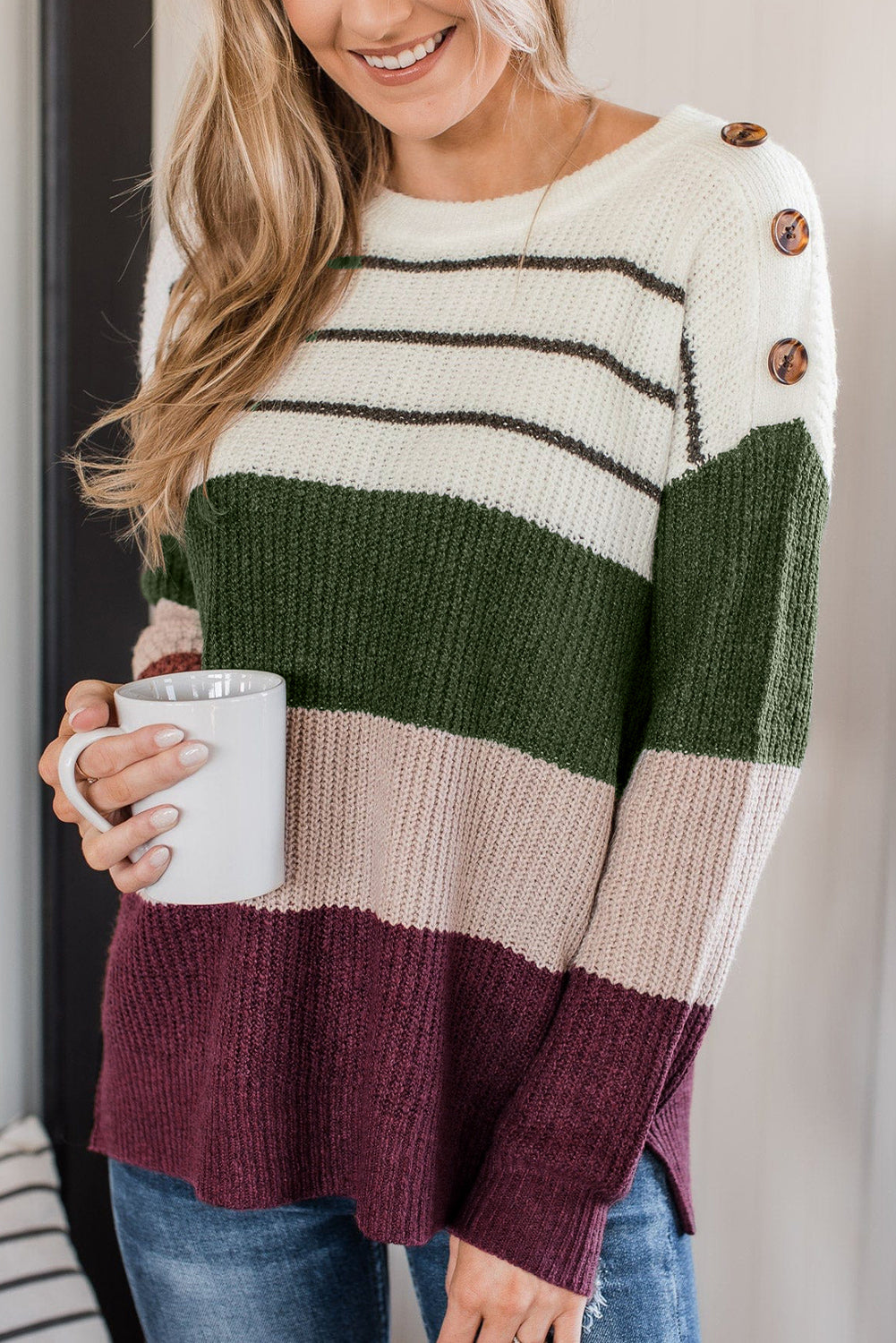 Green Color Block Striped Buttoned Shoulder Split Sweater Green 60%Cotton+40%Acrylic Sweaters JT's Designer Fashion