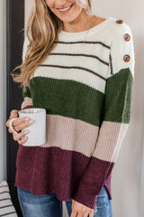 Green Color Block Striped Buttoned Shoulder Split Sweater Green 60%Cotton+40%Acrylic Sweaters JT's Designer Fashion