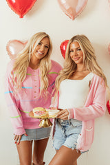 Pink Rainbow Stripes Drop Shoulder Baggy Henley Sweater Sweaters JT's Designer Fashion