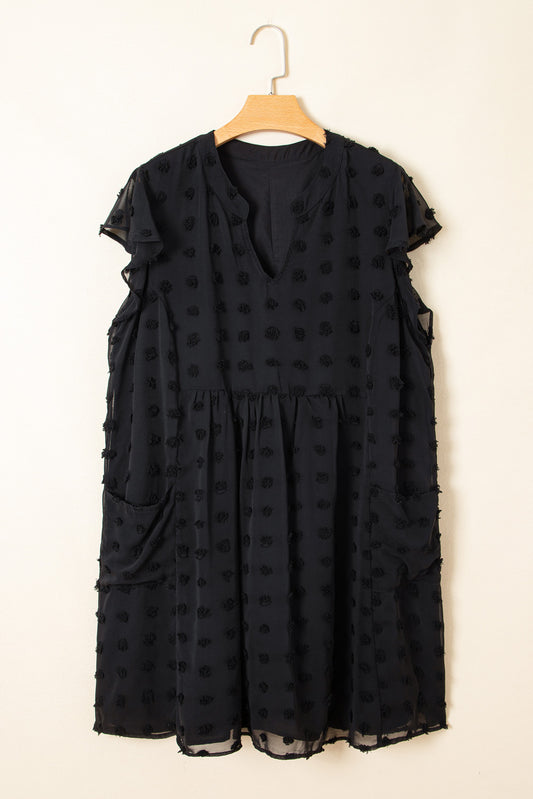Black Dotty Textured Notched Neck Plus Ruffled Dress Plus Size Mini Dresses JT's Designer Fashion
