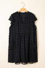 Black Dotty Textured Notched Neck Plus Ruffled Dress Plus Size Mini Dresses JT's Designer Fashion