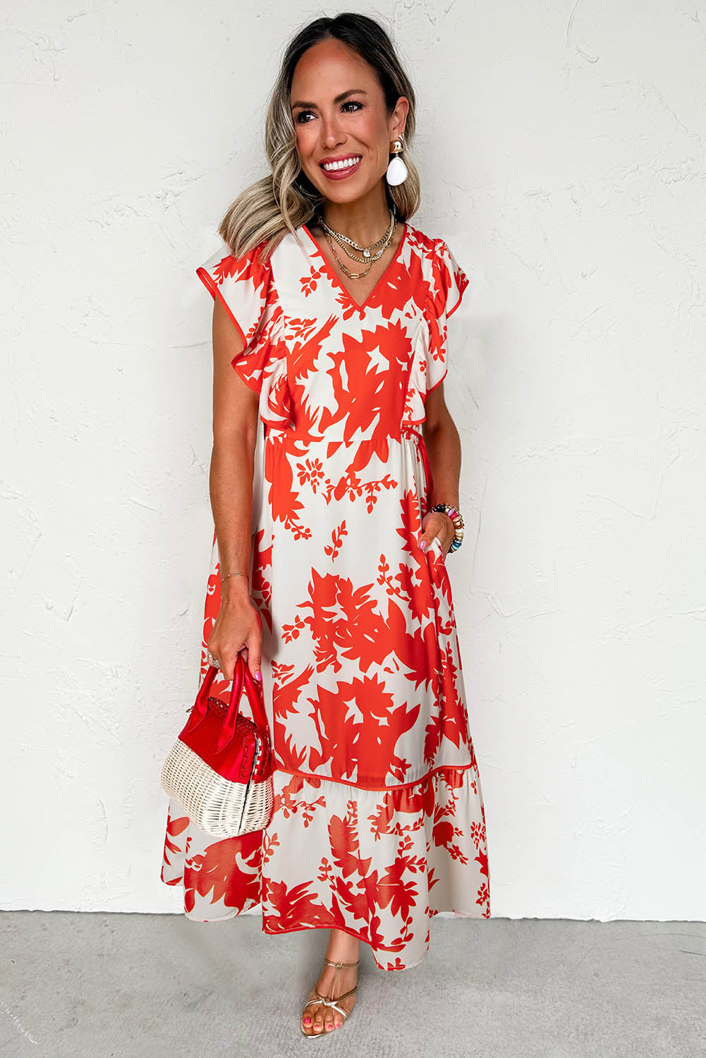 Red Floral Print Trimmed V Neck Ruffle Sleeve Long Dress Dresses JT's Designer Fashion
