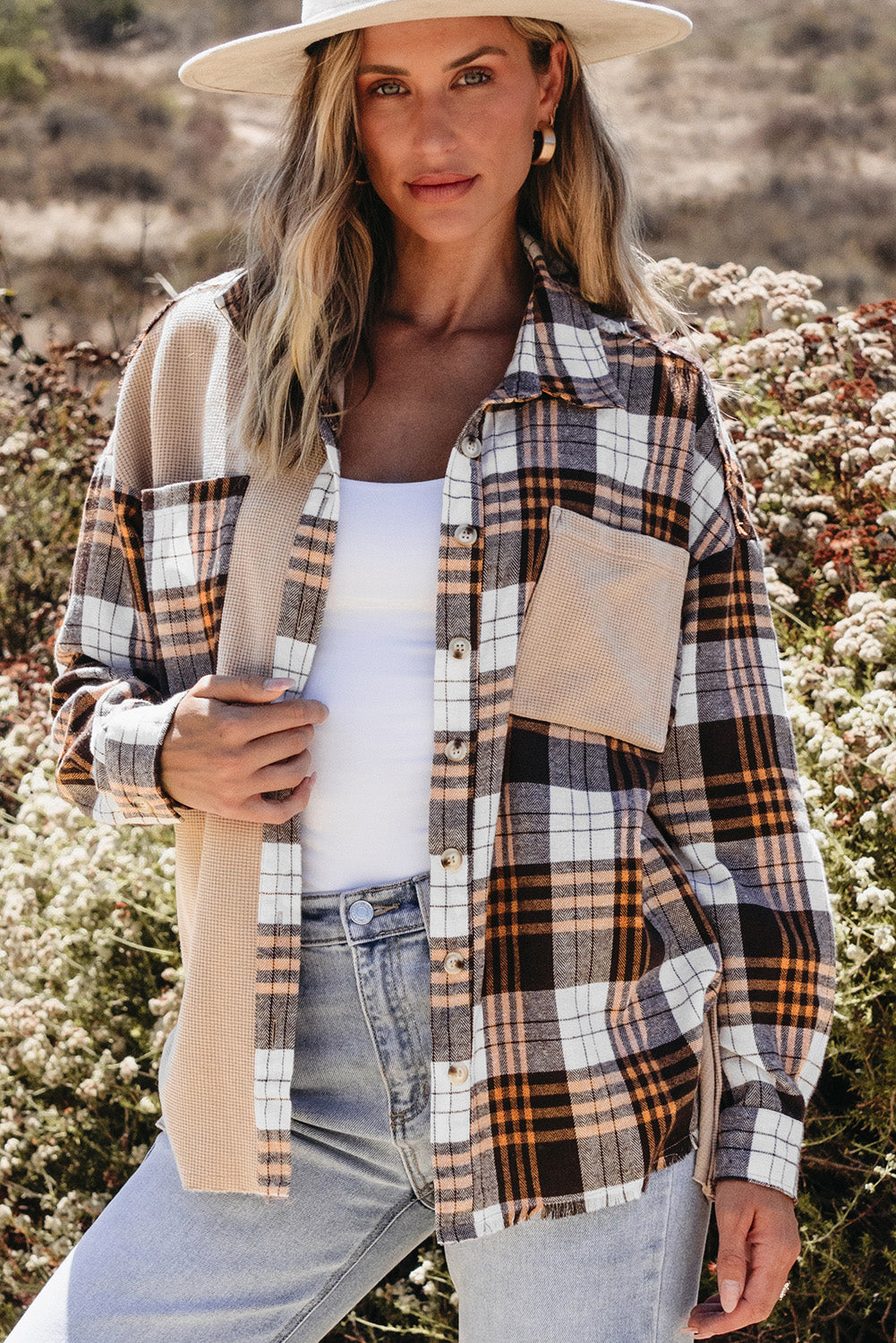 Khaki Thermal Knit Plaid Patchwork Shacket Khaki 65%Polyester+35%Cotton Plaid Shackets JT's Designer Fashion
