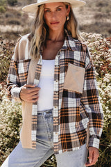 Khaki Thermal Knit Plaid Patchwork Shacket Khaki 65%Polyester+35%Cotton Plaid Shackets JT's Designer Fashion