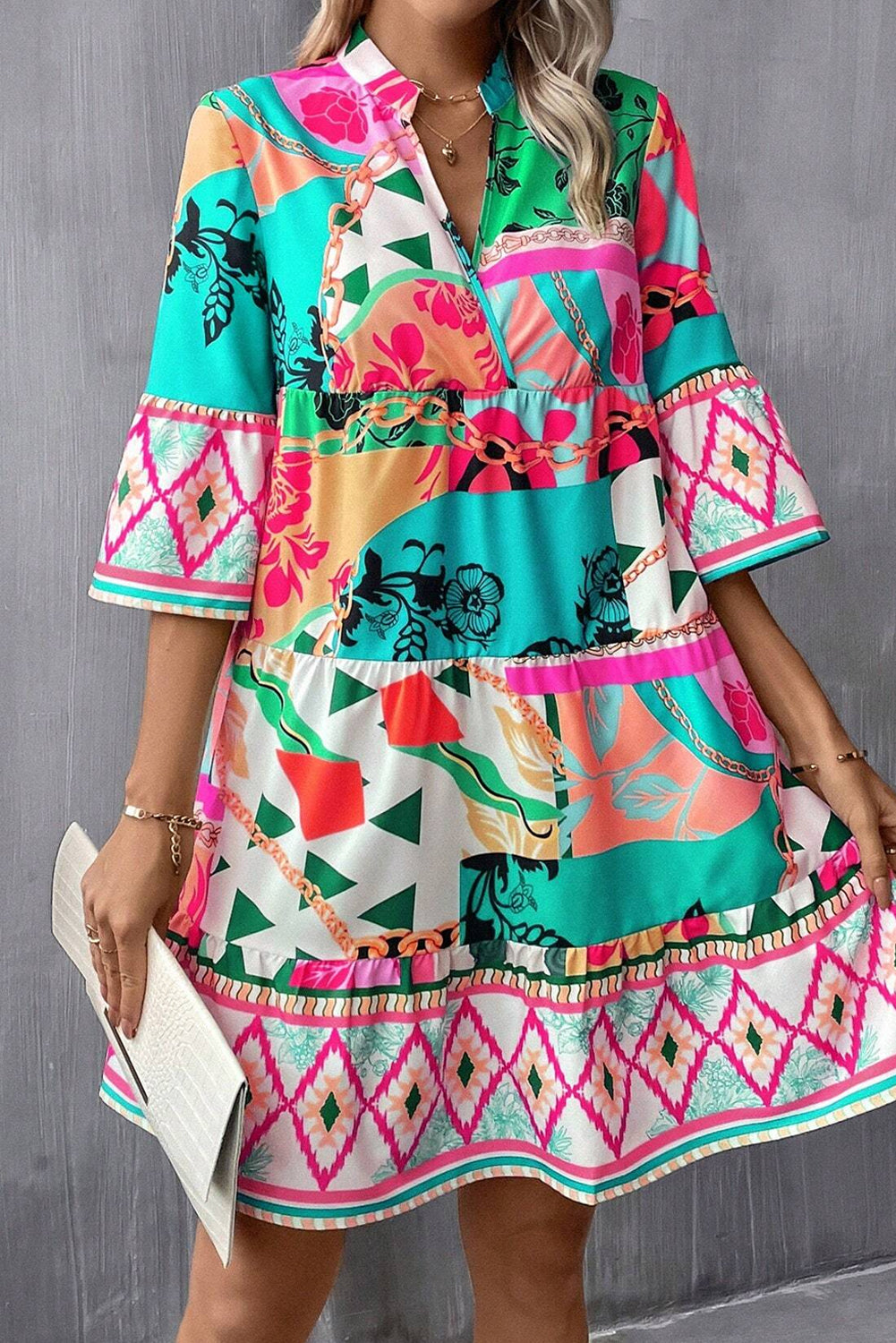 Multicolour Abstract Printed Half Sleeve Notched Neck Mini Dress Mini Dresses JT's Designer Fashion