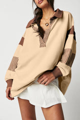 Light French Beige Striped Colorblock Patchwork Collar Sweatshirt Sweatshirts & Hoodies JT's Designer Fashion