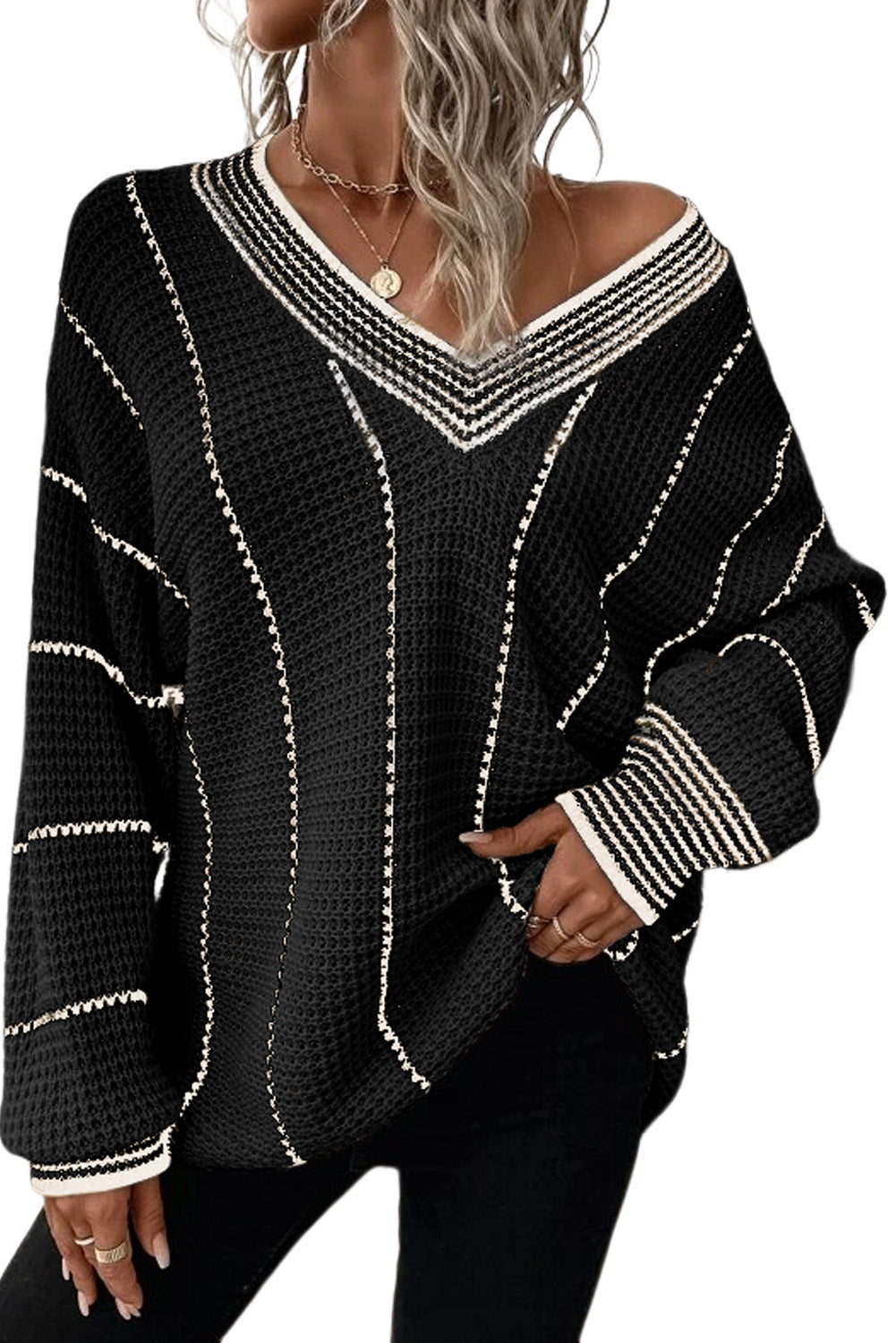 Black Colorblock Striped V Neck Knitted Loose Sweater Sweaters JT's Designer Fashion