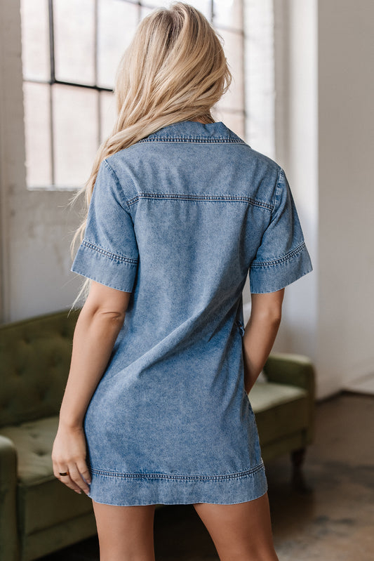 Beau Blue Short Sleeve Collared Patched Pocket Denim Mini Dress Mini Dresses JT's Designer Fashion
