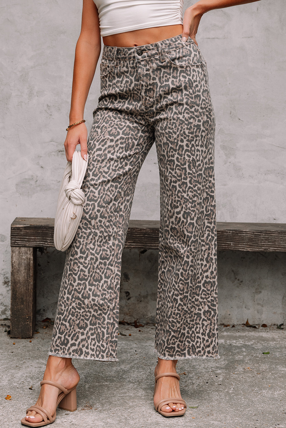 Brown Leopard Frayed Edge Wide Leg High Waist Jeans Jeans JT's Designer Fashion