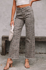 Brown Leopard Frayed Edge Wide Leg High Waist Jeans Jeans JT's Designer Fashion