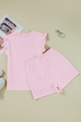 Pink Bow Jacquard Ruffle Sleeve Short 2pcs Outfit Short Sets JT's Designer Fashion