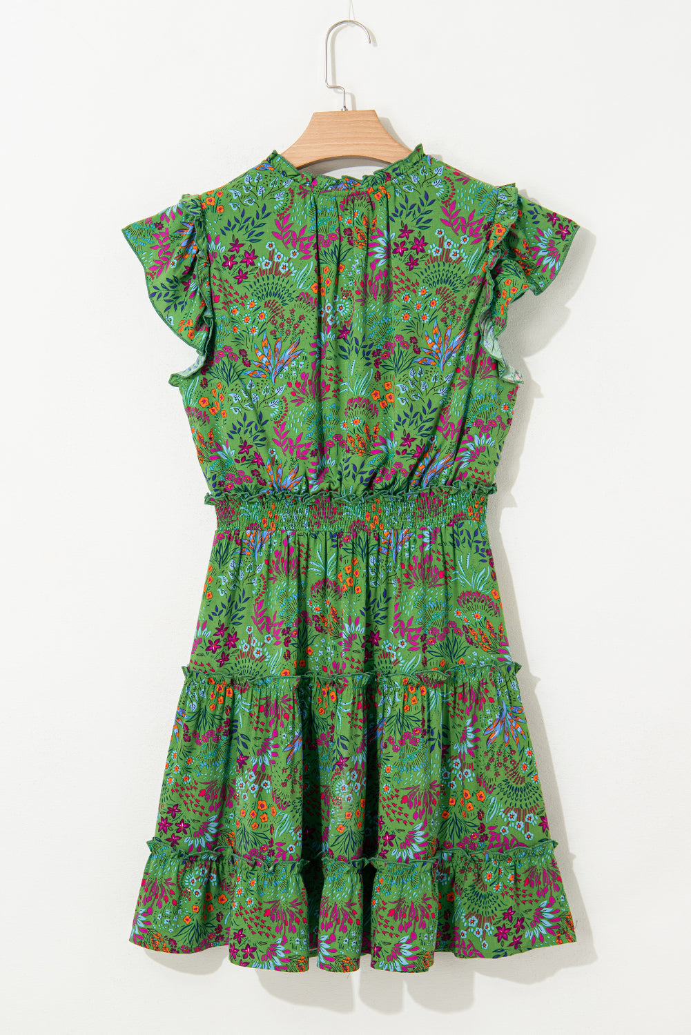 Green Floral Tie Split Neck Frilly Ruffle Trim Tiered Short Dress Floral Dresses JT's Designer Fashion