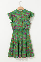 Green Floral Tie Split Neck Frilly Ruffle Trim Tiered Short Dress Floral Dresses JT's Designer Fashion
