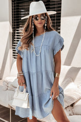 Beau Blue Ruffle Short Sleeve Tiered A-line Chambray Dress Bottoms JT's Designer Fashion