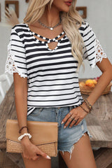 Black Stripe Cross Straps Hollowed Neck Lace Splicing Short Sleeve Blouse Blouses & Shirts JT's Designer Fashion