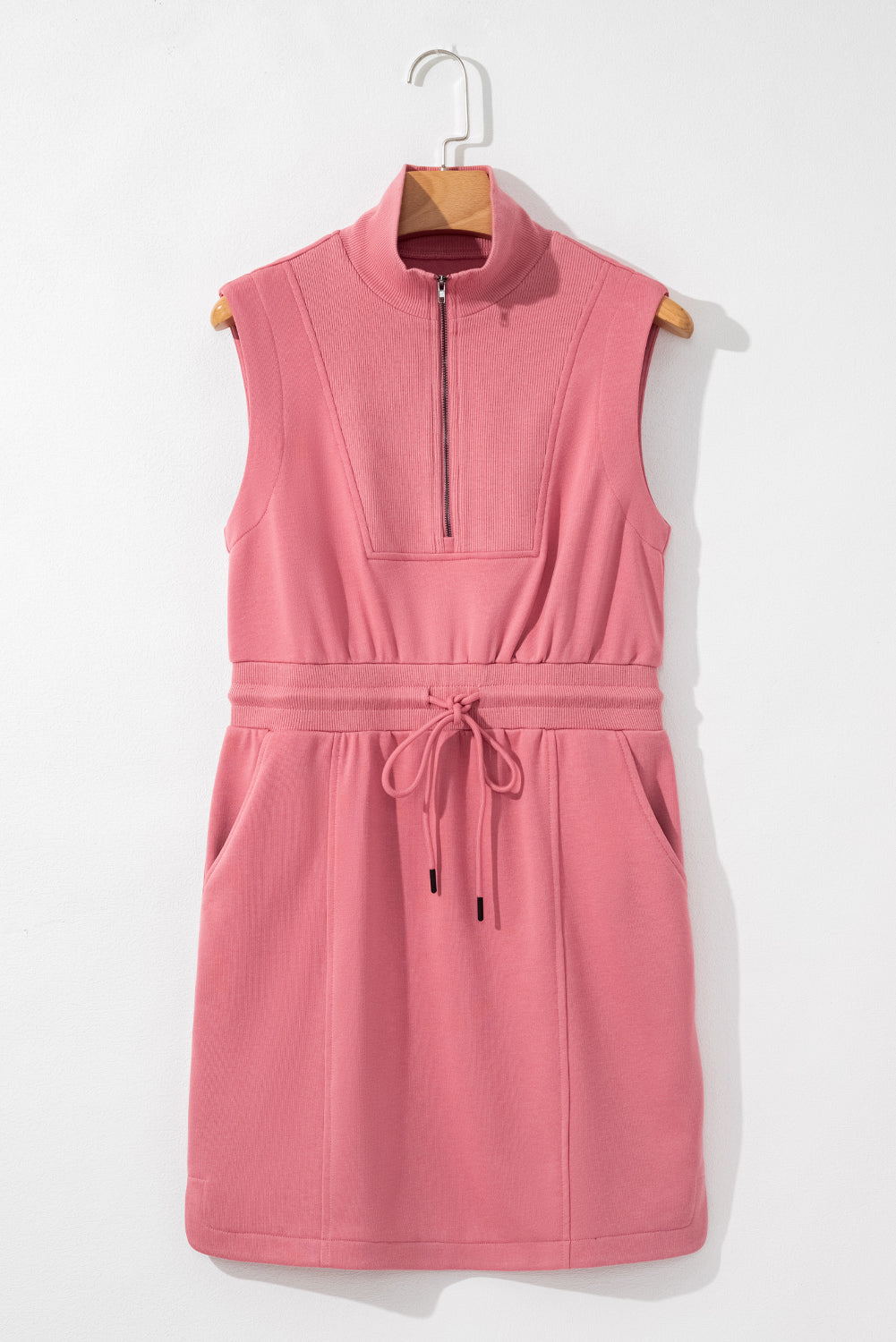 Mineral Red French Terry Zipped Collar Sleeveless Drawstring Waist Mini Dress Mini Dresses JT's Designer Fashion