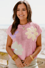 Pink Big Flower Knit Short Sleeve Sweater Sweaters & Cardigans JT's Designer Fashion