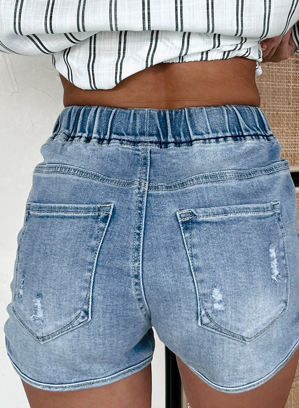 Myosotis Drawstring High Waist Distressed Denim Shorts Denim Shorts JT's Designer Fashion