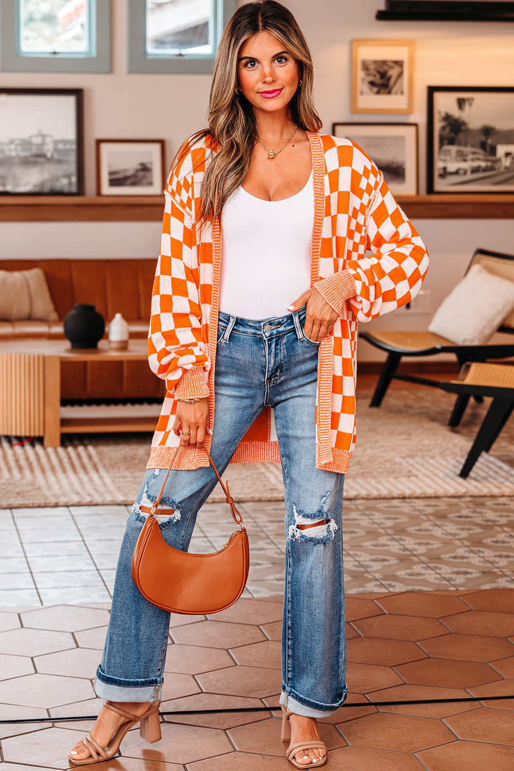 Orange Checkered Open Front Drop Shoulder Cardigan Cardigans JT's Designer Fashion