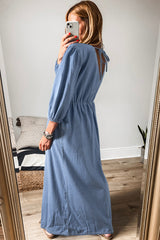 Myosotis Chambray Deep V Neck Bracelet Sleeve Long Dress Maxi Dresses JT's Designer Fashion