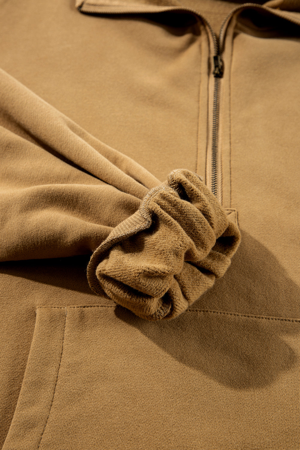 Brown Fleece Lined Half Zipper Kangaroo Pockets Loose Hoodie Sweatshirts & Hoodies JT's Designer Fashion