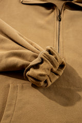 Brown Fleece Lined Half Zipper Kangaroo Pockets Loose Hoodie Sweatshirts & Hoodies JT's Designer Fashion