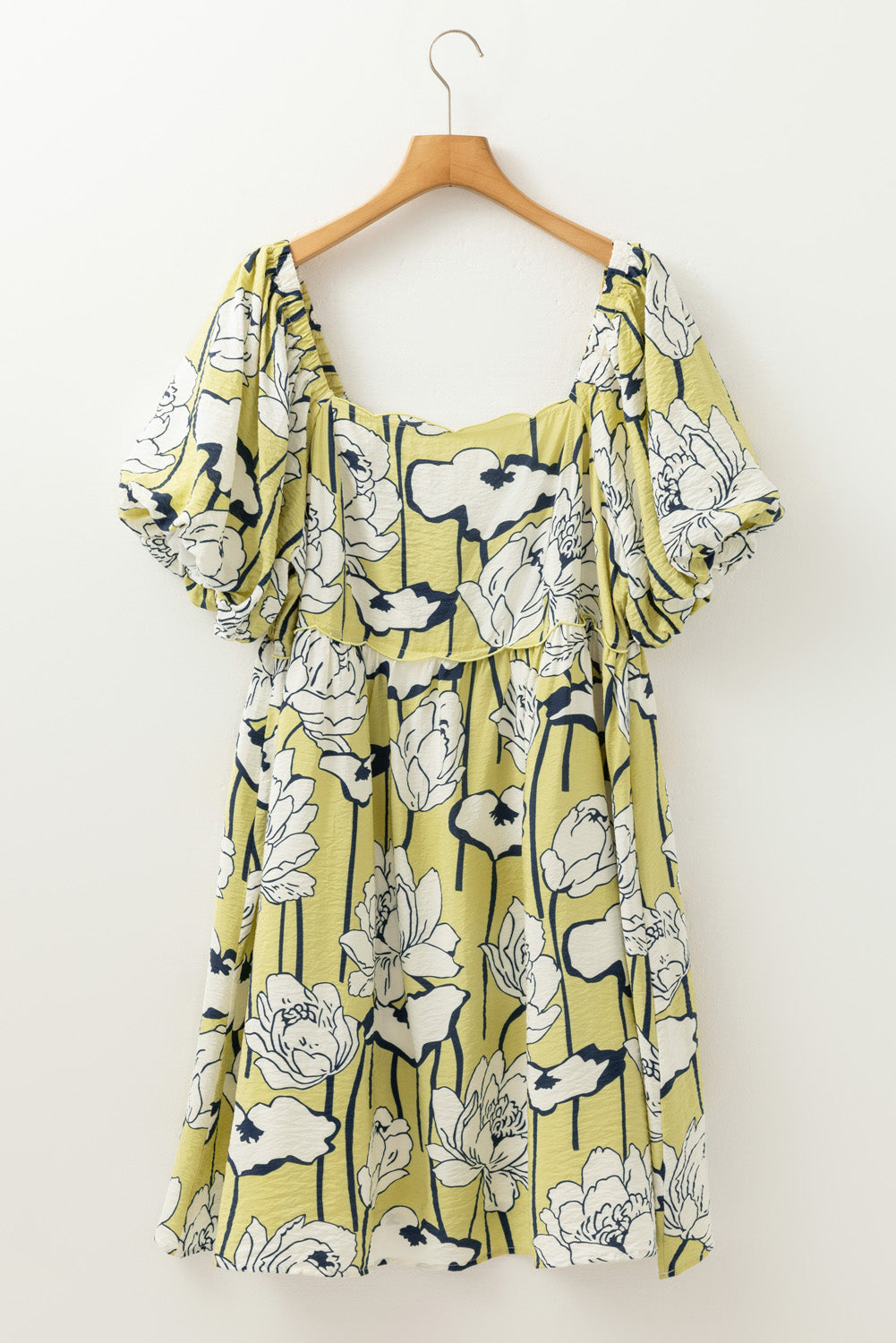 Green Plus Size Floral Print Shirred Square Neck Puff Sleeve Dress Plus Size Mini Dresses JT's Designer Fashion