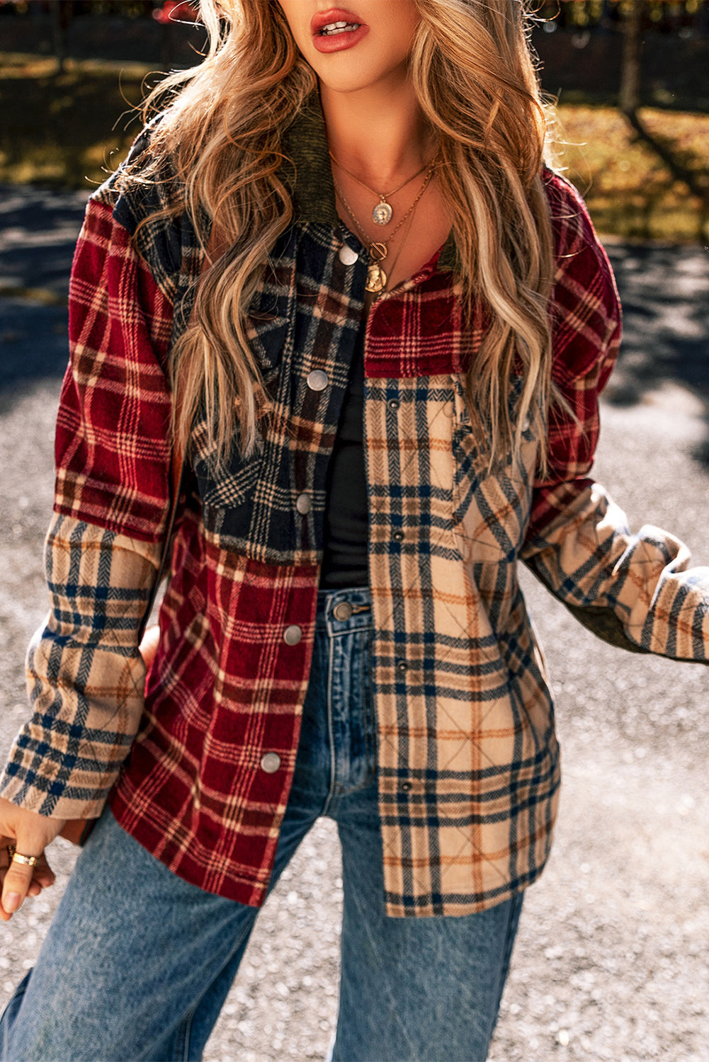 Red Mixed Plaid Patchwork Retro Shacket Plaid Shackets JT's Designer Fashion