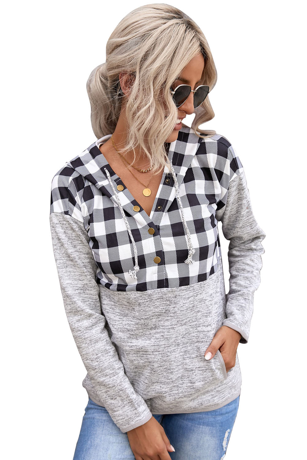 Black Plaid Splicing Pocketed Hoodie Sweatshirts & Hoodies JT's Designer Fashion